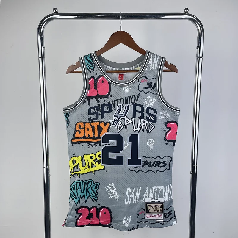 Mitchell Ness Hot Print Retro San Antonio Spurs Basketball Jersey 1998 1999 Graffiti #21 DUNCAN