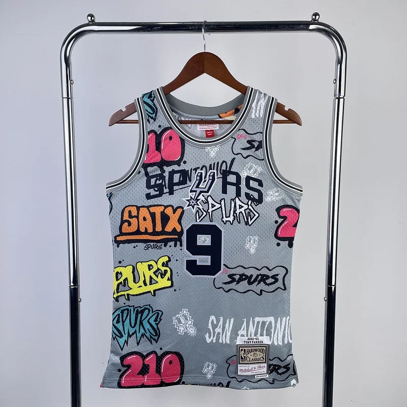 Mitchell Ness Hot Print Retro San Antonio Spurs Basketball Jersey 2002 2003 Graffiti #9 PARKER