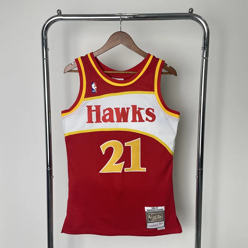 1985 1986 Season Mitchell Ness Hot print retro SW NBA Atlanta Hawks Basketball Jersey Red #21 WILKINS