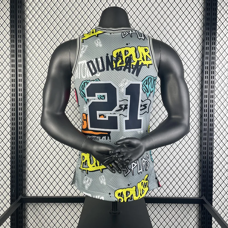 Mitchell Ness Hot Print Retro San Antonio Spurs Basketball Jersey 1998 1999 Graffiti #21 DUNCAN