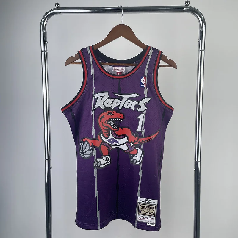 1999 Mitchell Ness Hot Print Retro NBA Toronto Raptors Basketball Jersey Purple #1 McGrady