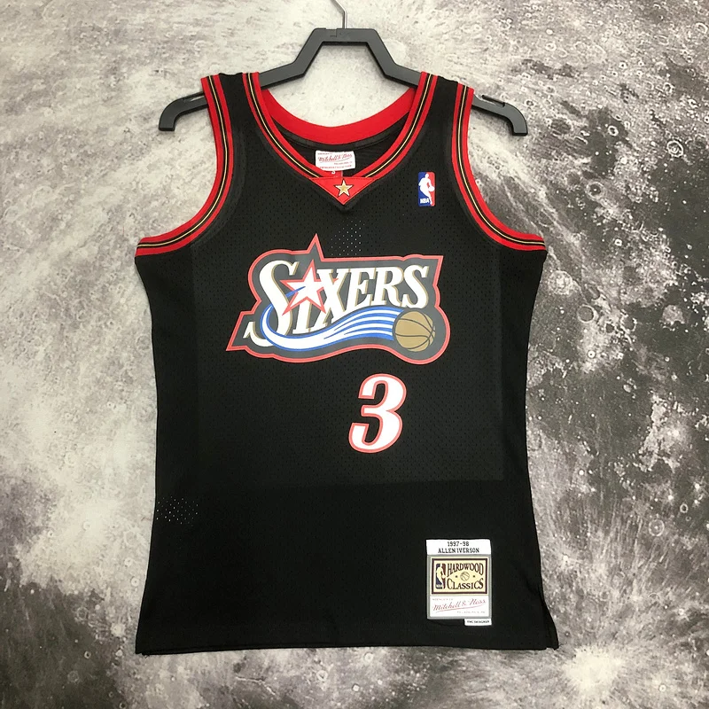 1997 1998 Season MN Hot Print Retro NBA Philadelphia 76ers Basketball Jersey Black #3 IVERSON