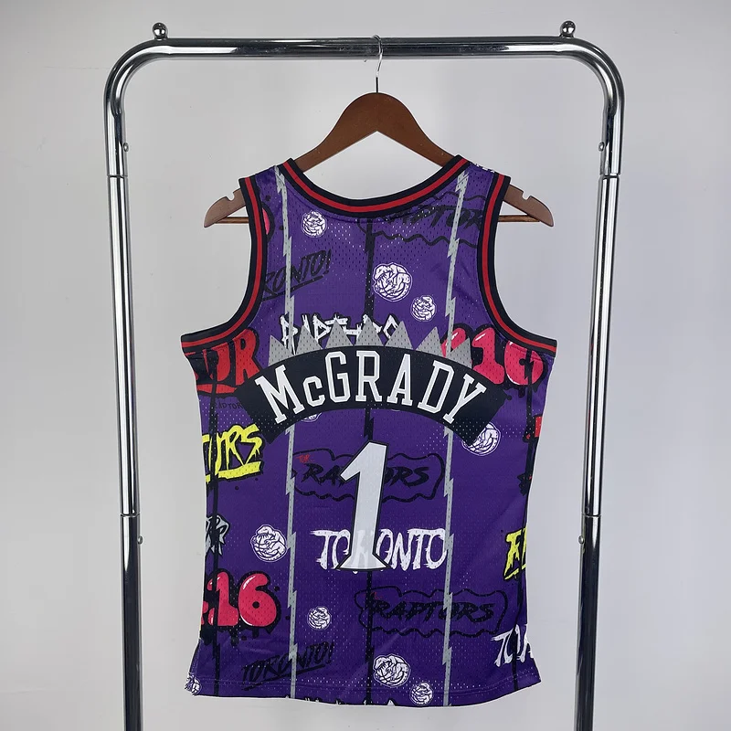 1998 1999 Mitchell Ness Hot Print Retro NBA Toronto Raptors Basketball Jersey Graffiti #1 McGrady