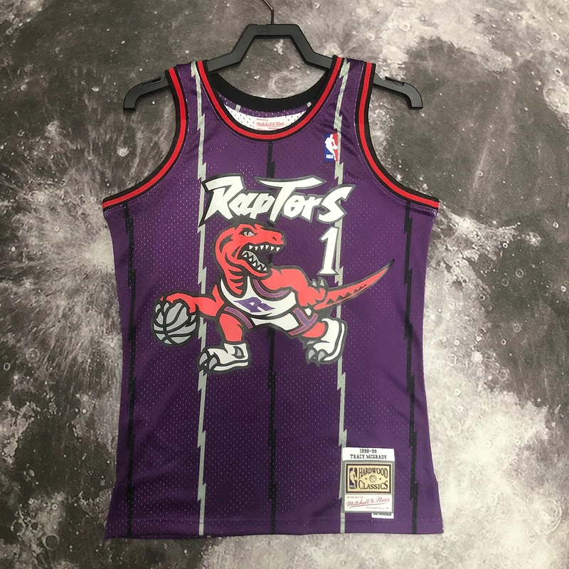 1999 Mitchell Ness Hot Print Retro NBA Toronto Raptors Basketball Jersey Purple #1 McGrady