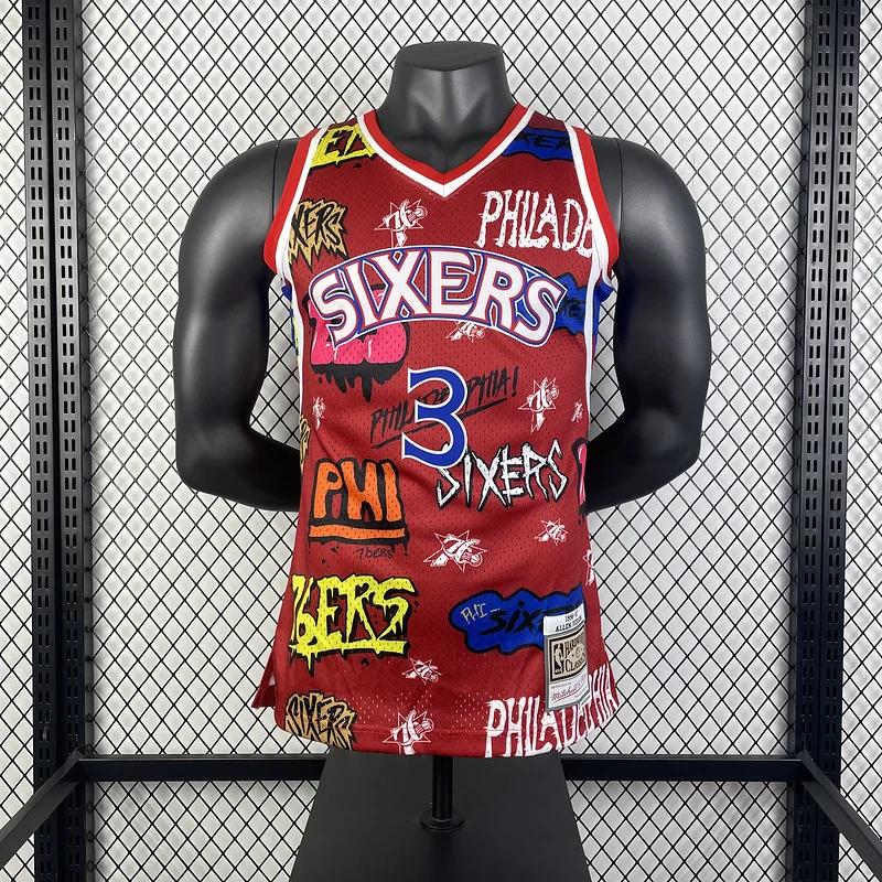 1996 1997 Season MN Hot Print Retro Philadelphia 76ers Basketball Jersey Graffiti #3 IVERSON