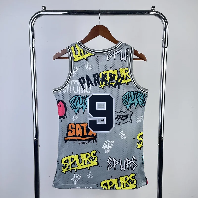 Mitchell Ness Hot Print Retro San Antonio Spurs Basketball Jersey 2002 2003 Graffiti #9 PARKER