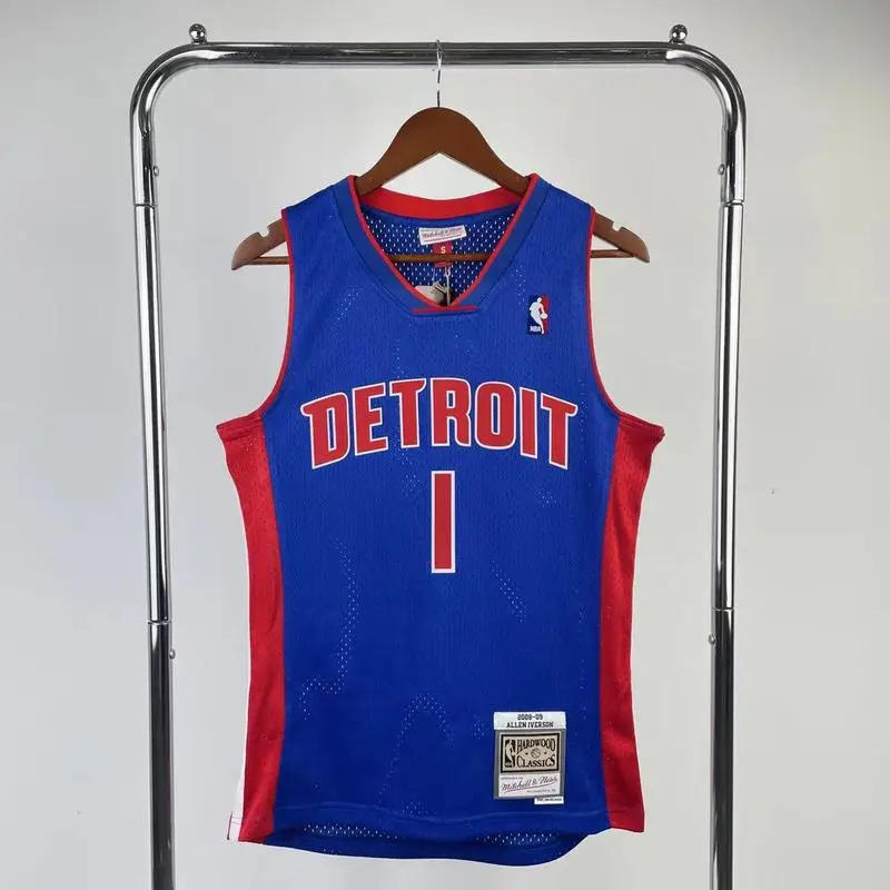 2008 2009 Mitchell Ness Hot Print Retro Detroit Pistons Basketball Jersey Blue #1 IVERSON