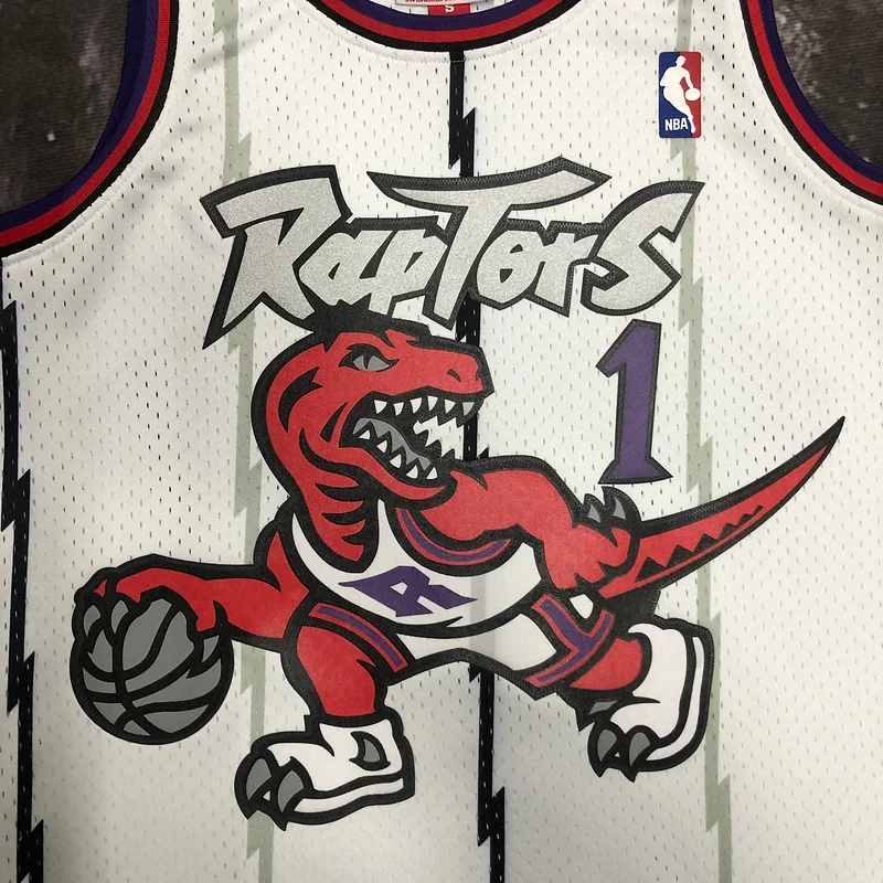 1999 Mitchell Ness Hot Print Retro NBA Toronto Raptors Basketball Jersey White #1 McGrady