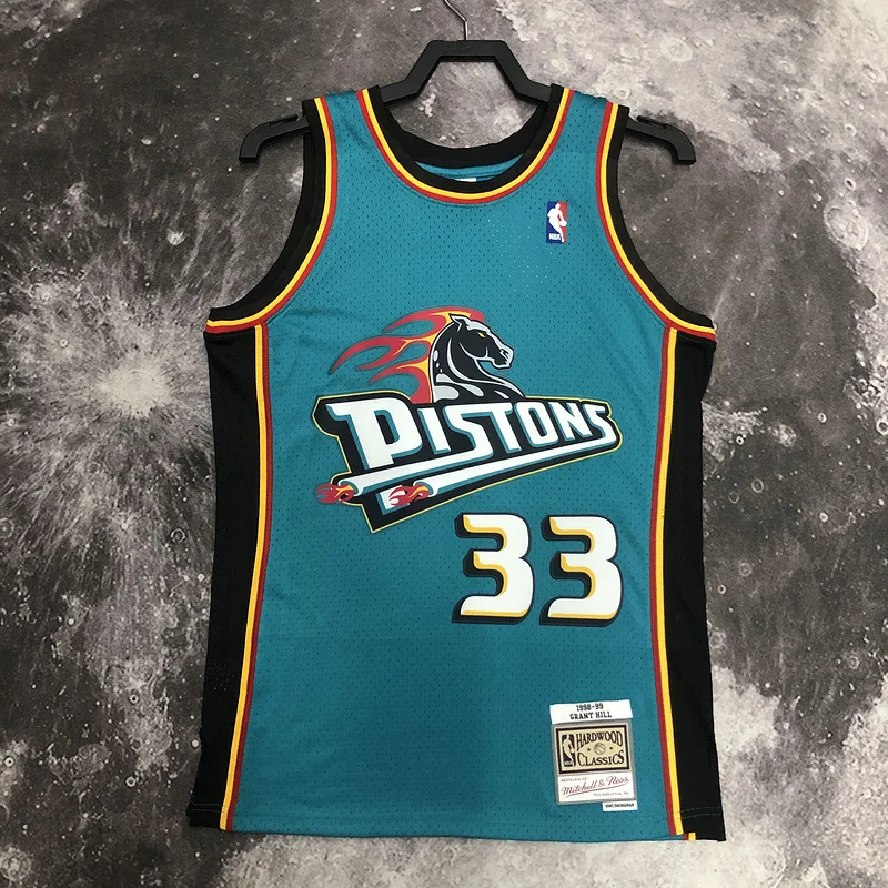 1998 Mitchell Ness Hot Print Retro Detroit Pistons Basketball Jersey #33 HILL