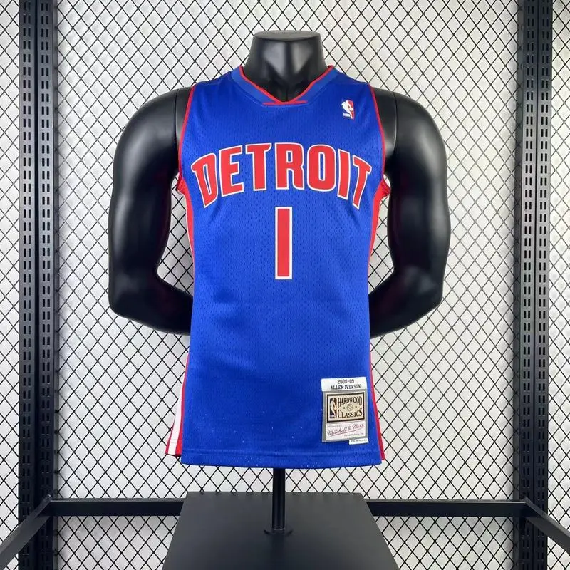 2008 2009 Mitchell Ness Hot Print Retro Detroit Pistons Basketball Jersey Blue #1 IVERSON