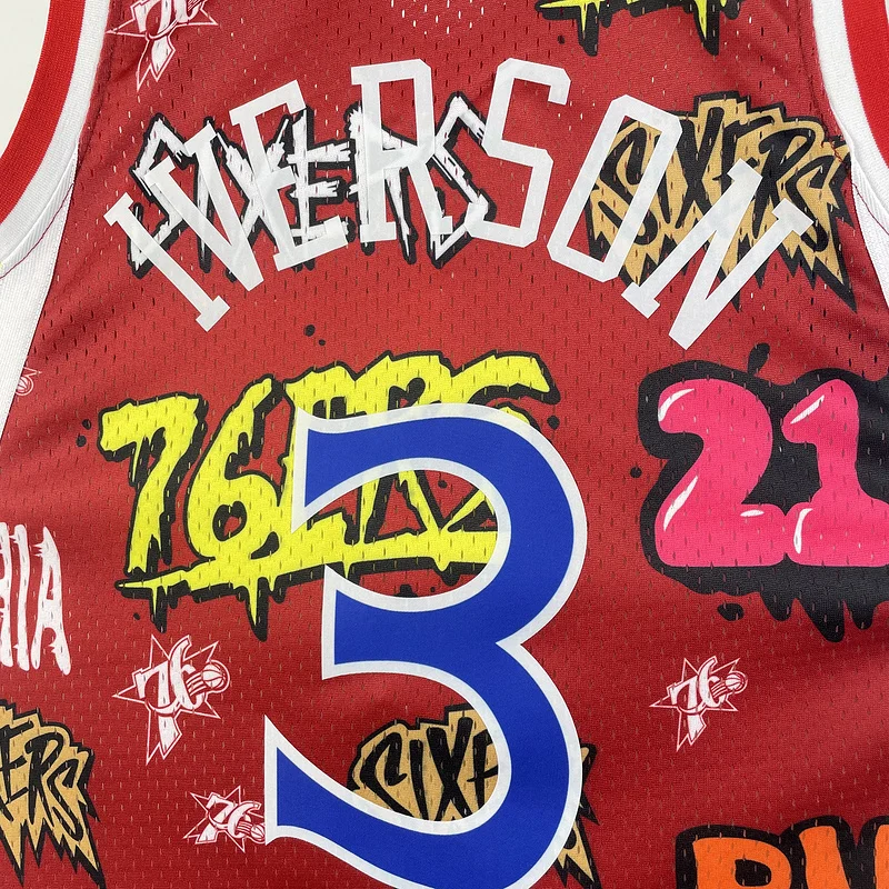 1996 1997 Season MN Hot Print Retro Philadelphia 76ers Basketball Jersey Graffiti #3 IVERSON