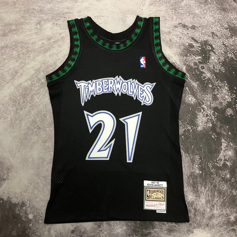 1997 1998 Mitchell Ness Hot Print Retro Minnesota Timberwolves Basketball Jersey Black #21 GARNETT