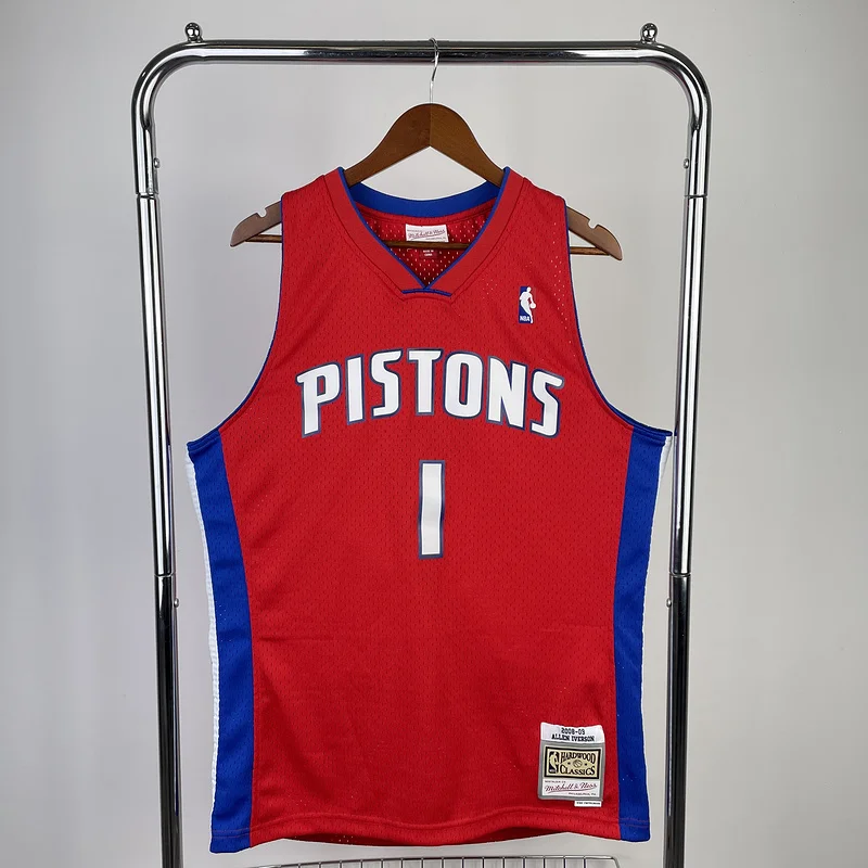 2008 2009 Mitchell Ness Hot Print Retro Detroit Pistons Basketball Jersey 红色 #1 IVERSON