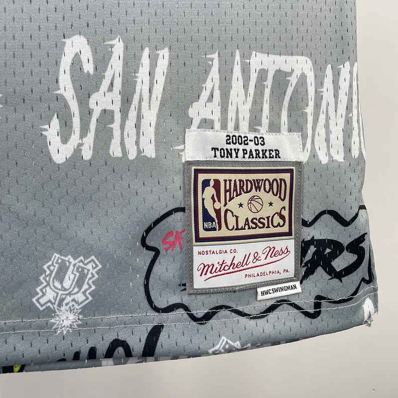 Mitchell Ness Hot Print Retro San Antonio Spurs Basketball Jersey 2002 2003 Graffiti #9 PARKER