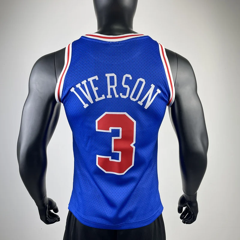 1996 1997 Season MN Hot Print Retro Philadelphia 76ers Basketball Jersey Blue #3 IVERSON