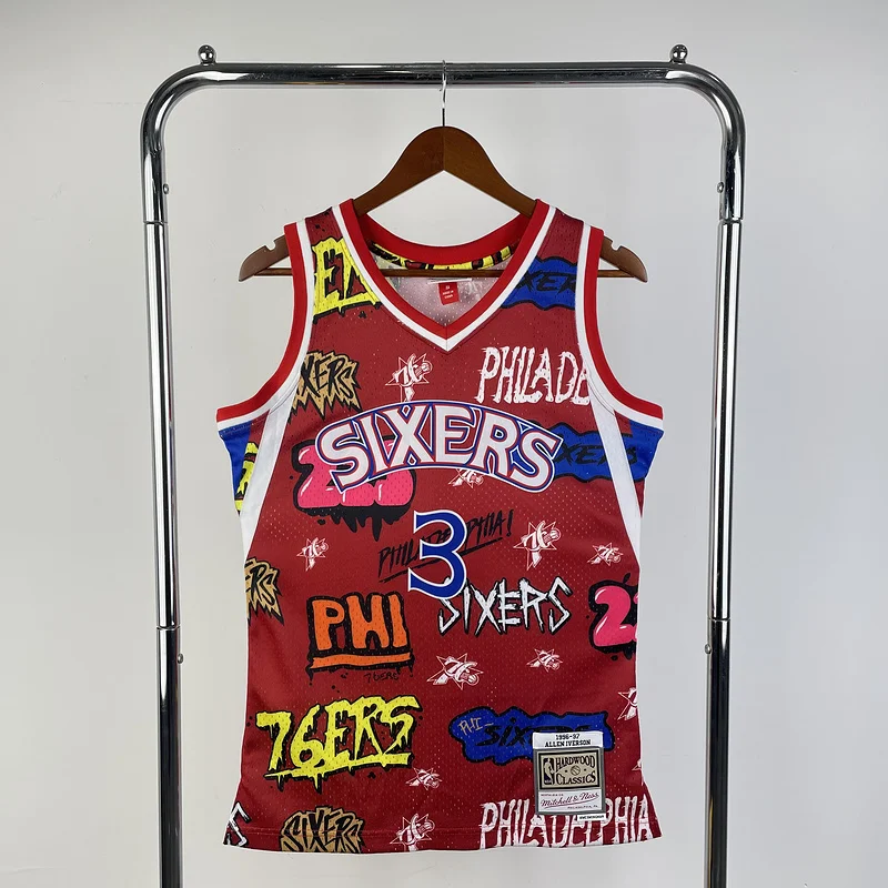 1996 1997 Season MN Hot Print Retro Philadelphia 76ers Basketball Jersey Graffiti #3 IVERSON