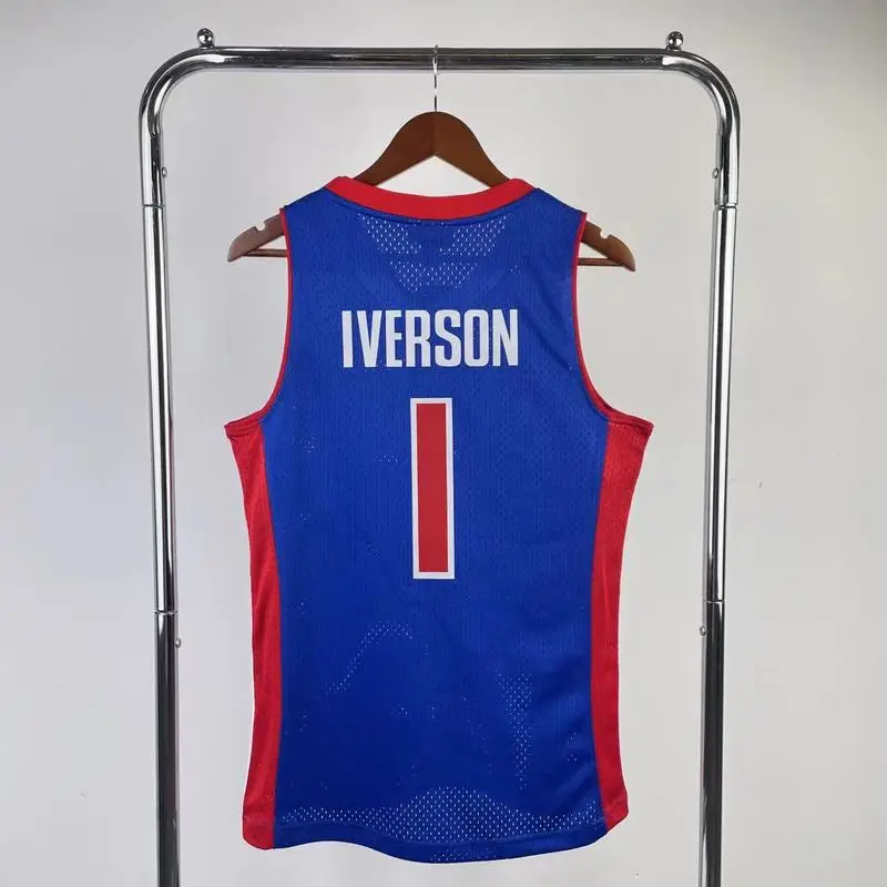 2008 2009 Mitchell Ness Hot Print Retro Detroit Pistons Basketball Jersey Blue #1 IVERSON