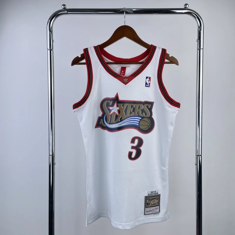 1998 Season MN Hot Print Retro NBA Philadelphia 76ers Basketball Jersey White #3 IVERSON