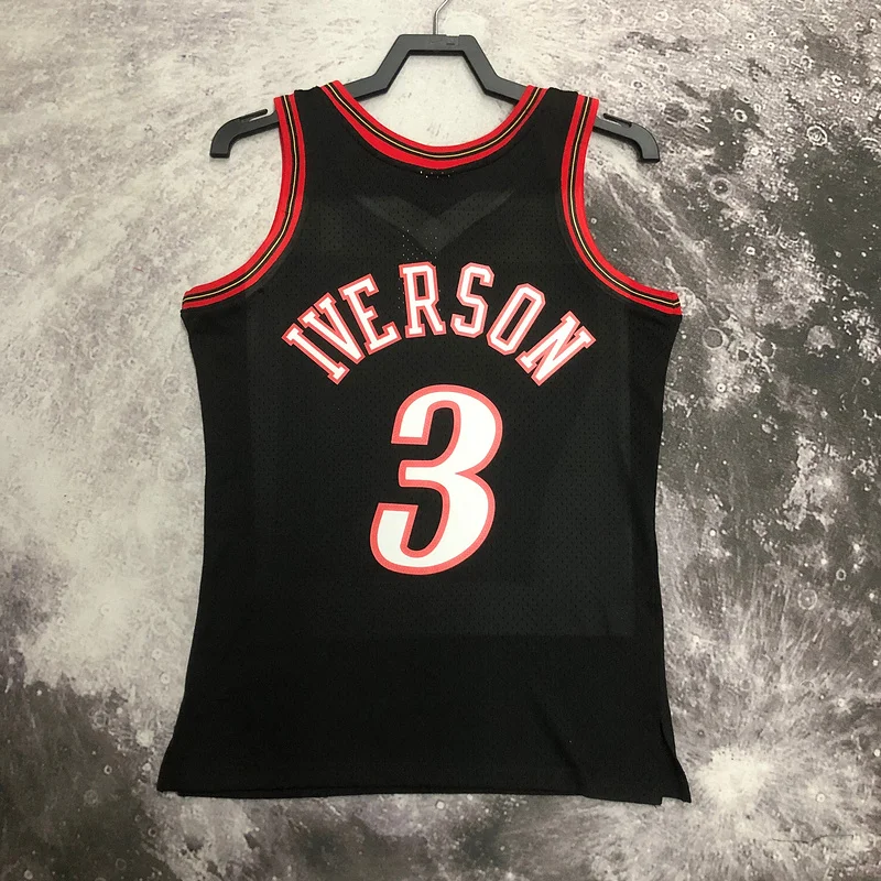 1997 1998 Season MN Hot Print Retro NBA Philadelphia 76ers Basketball Jersey Black #3 IVERSON