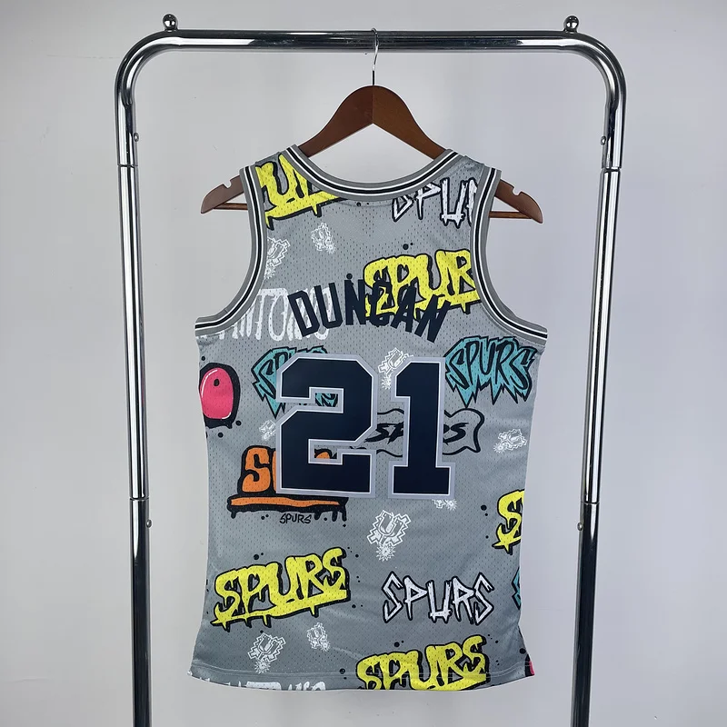 Mitchell Ness Hot Print Retro San Antonio Spurs Basketball Jersey 1998 1999 Graffiti #21 DUNCAN