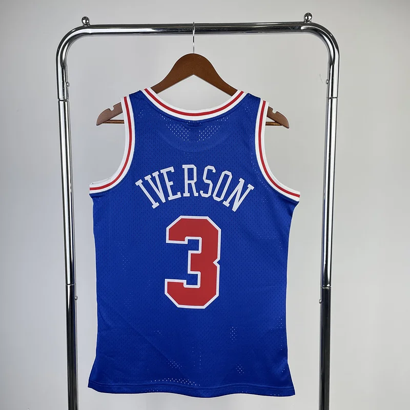 1996 1997 Season MN Hot Print Retro Philadelphia 76ers Basketball Jersey Blue #3 IVERSON