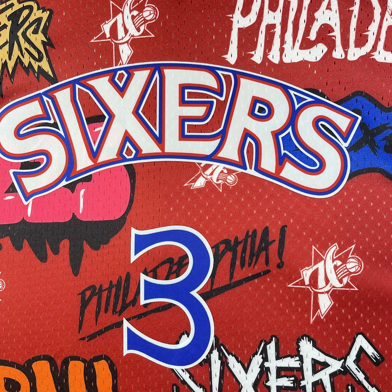 1996 1997 Season MN Hot Print Retro Philadelphia 76ers Basketball Jersey Graffiti #3 IVERSON