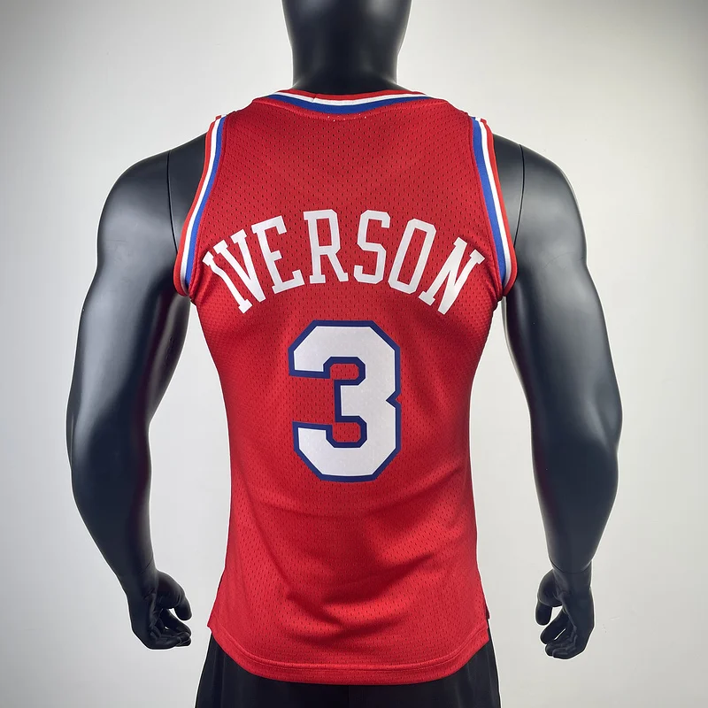 1996 1997 Season MN Hot Print Retro Philadelphia 76ers Basketball Jersey Red #3 IVERSON