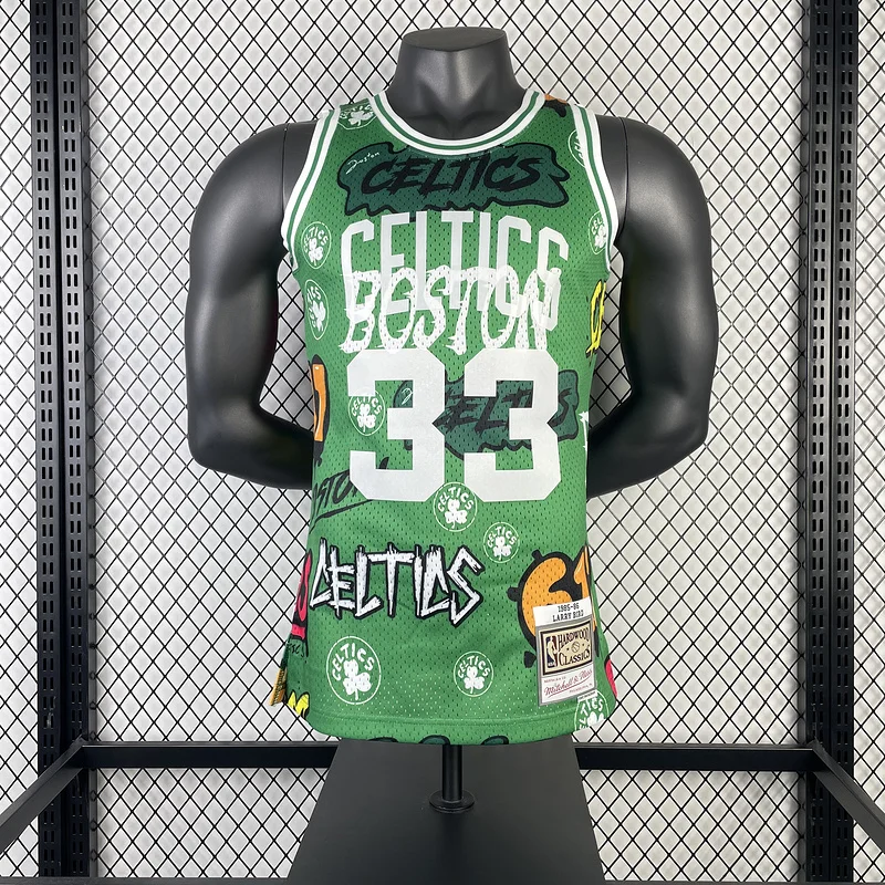 1985 1986 Season MN Hot Print Retro NBA Boston Celtics Basketball Jersey Graffiti #33 BIRD