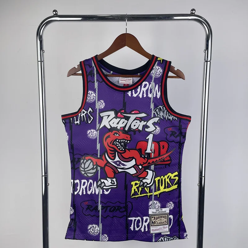 1998 1999 Mitchell Ness Hot Print Retro NBA Toronto Raptors Basketball Jersey Graffiti #1 McGrady