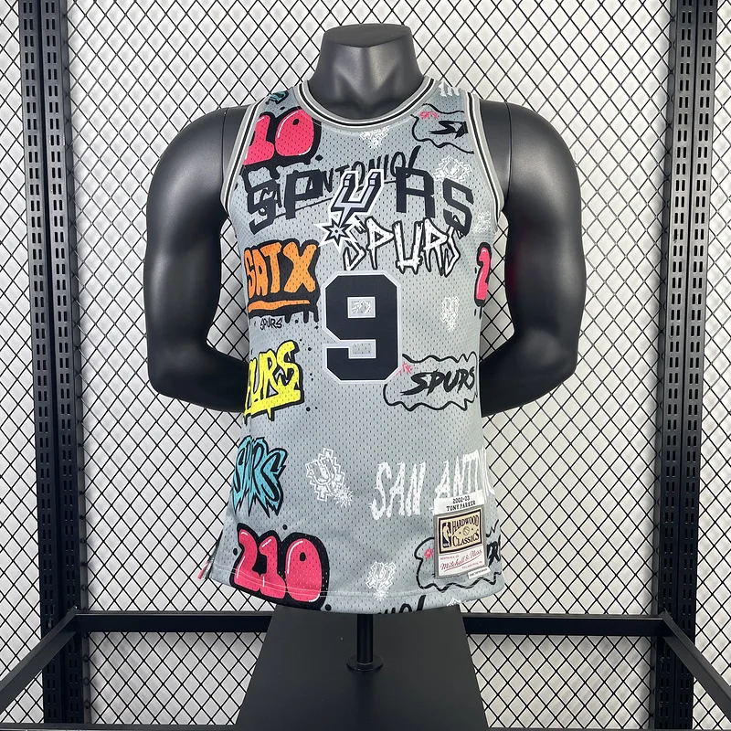 Mitchell Ness Hot Print Retro San Antonio Spurs Basketball Jersey 2002 2003 Graffiti #9 PARKER