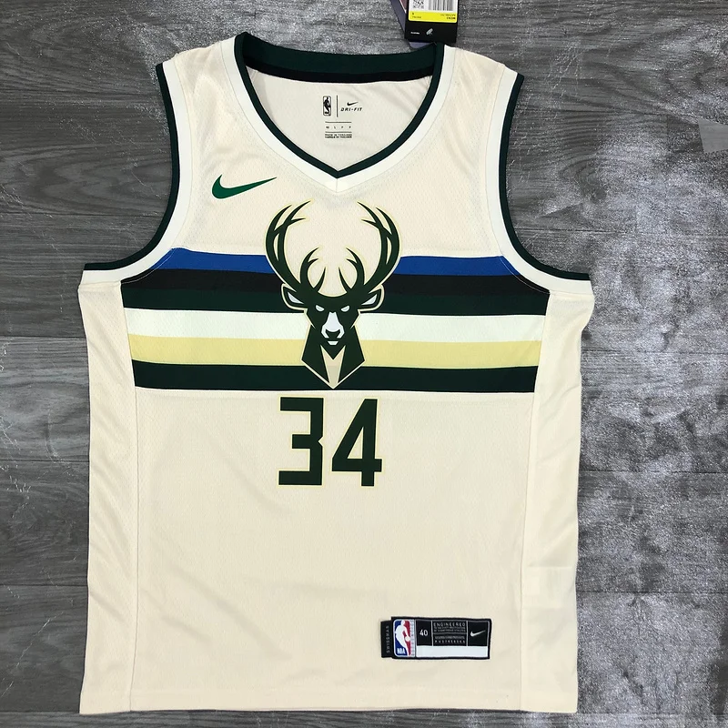 2019 Season NBA Milwaukee Bucks Basketball jersey beige #34 Antetokounmpo