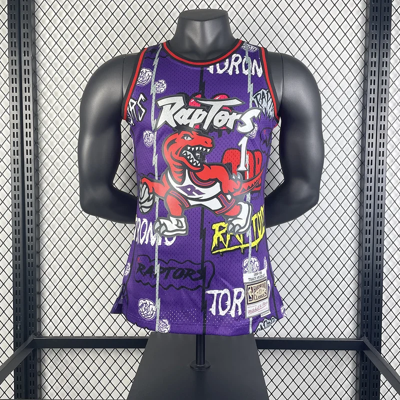 1998 1999 Mitchell Ness Hot Print Retro NBA Toronto Raptors Basketball Jersey Graffiti #1 McGrady