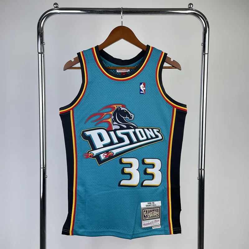 1998 Mitchell Ness Hot Print Retro Detroit Pistons Basketball Jersey #33 HILL