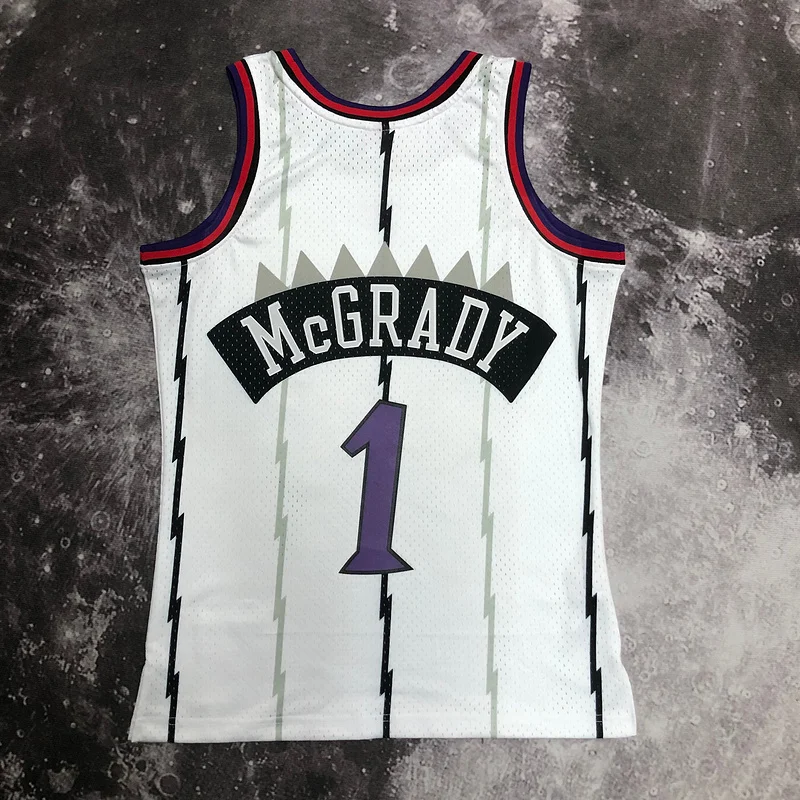 1999 Mitchell Ness Hot Print Retro NBA Toronto Raptors Basketball Jersey White #1 McGrady